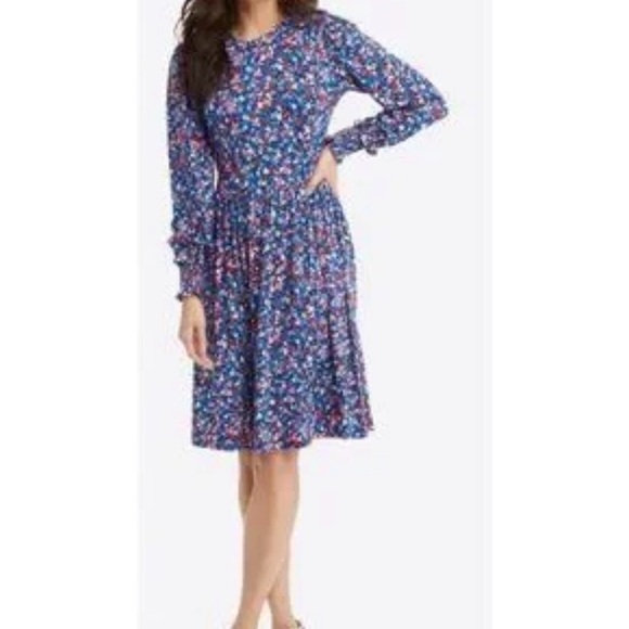 Draper James Navy Ditsy Floral Smocked Cuff Long Sleeve Dress Small - Picture 4 of 10